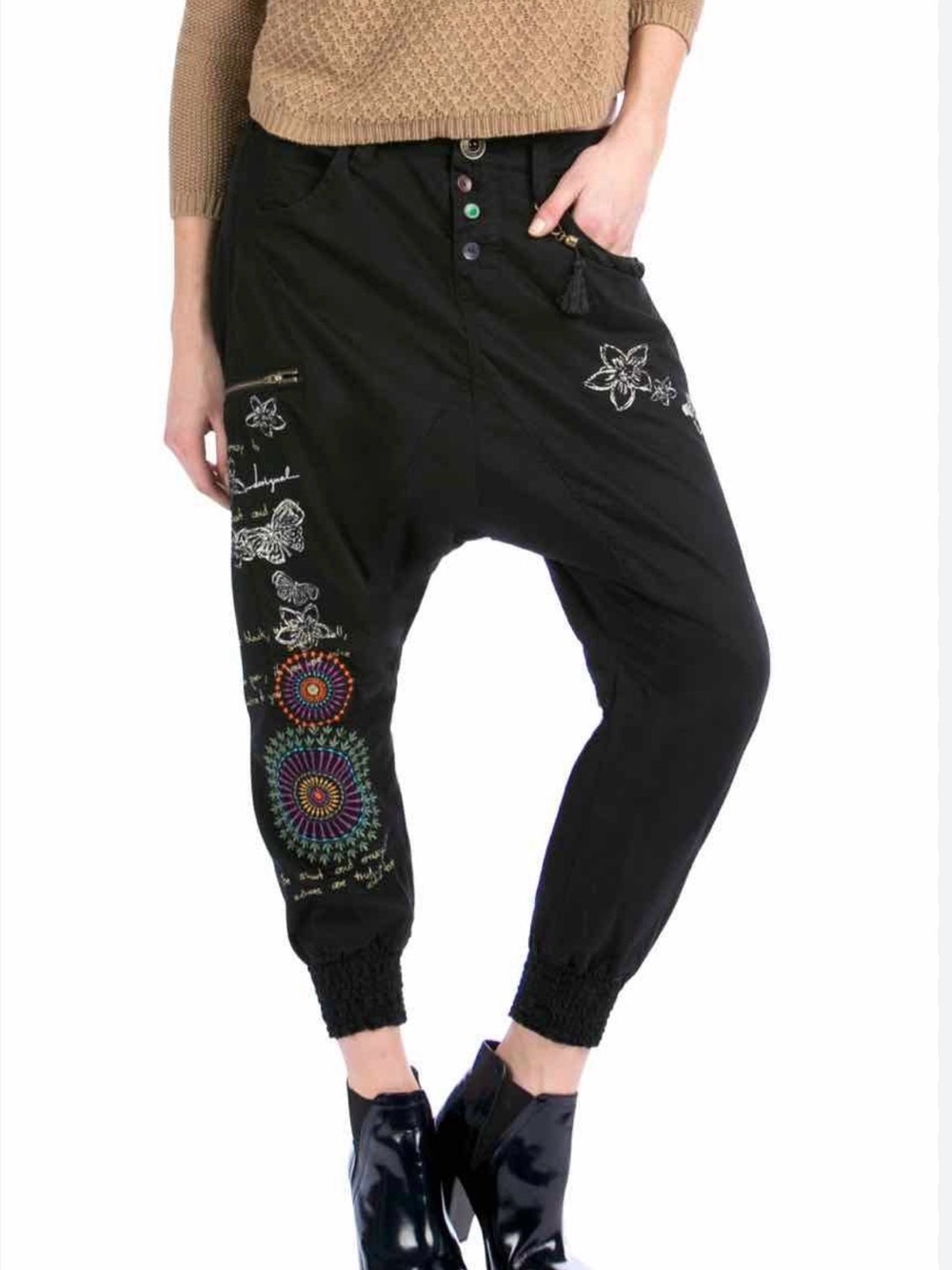 Desigual Y2k black harem pants featuring colorful embroidered mandala designs